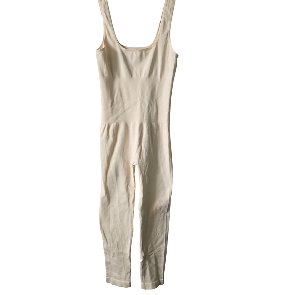 Women 1XL Ribbed Jumpsuit Cream Unitard Stretch Bodycon Bodysuit Legging